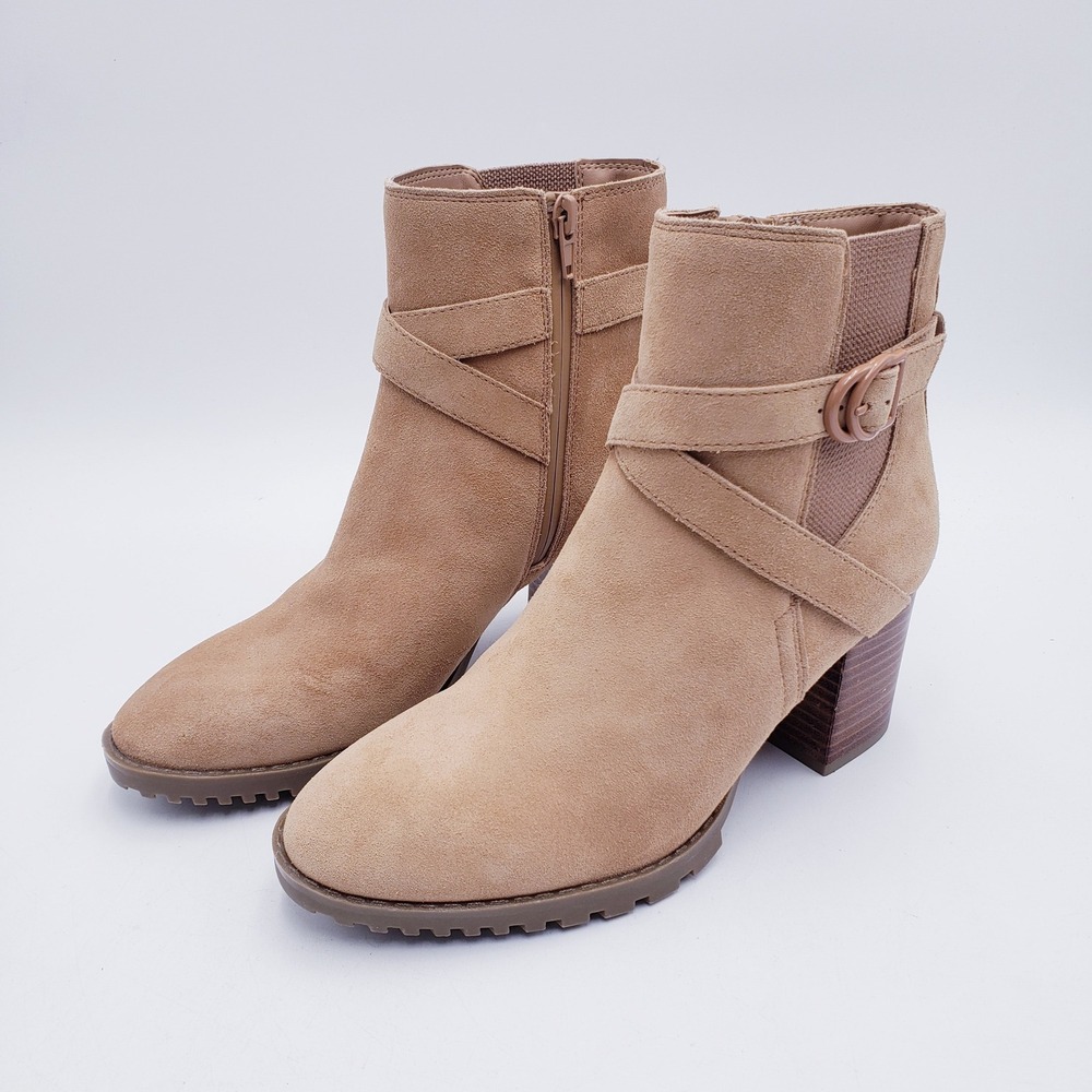 Blondo Tazmin Ankle Boots Tan Suede‎ Waterproof Buckle Strap Block Heel Size 7.5 - Picture 3 of 11